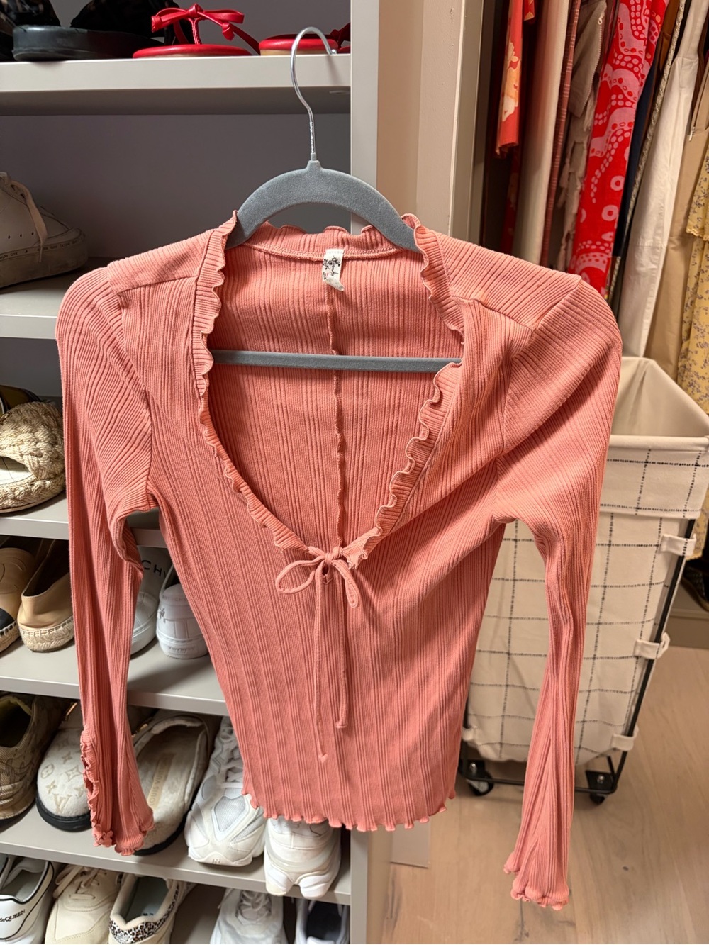 Free People Ribbed Tie-Front Long Sleeve Top in Dusty Pink